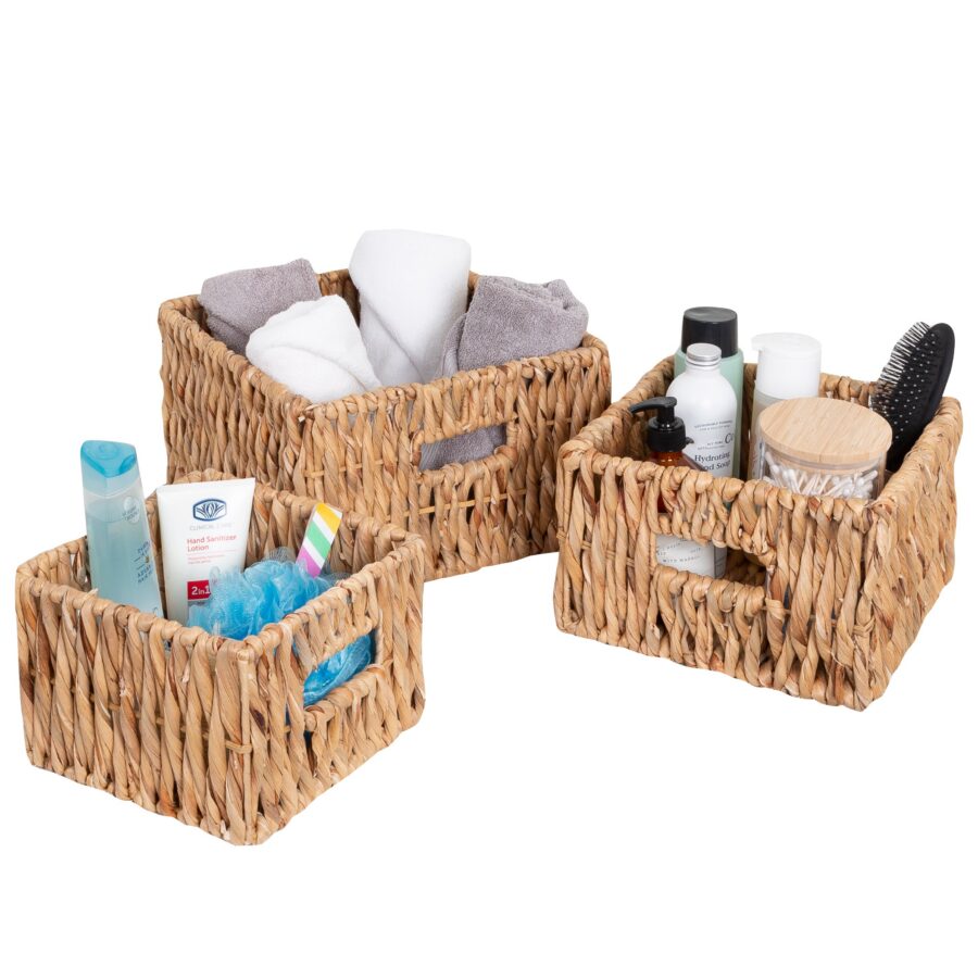 Natural Wicker Square Nested Baskets with Handles (Set of 3)
