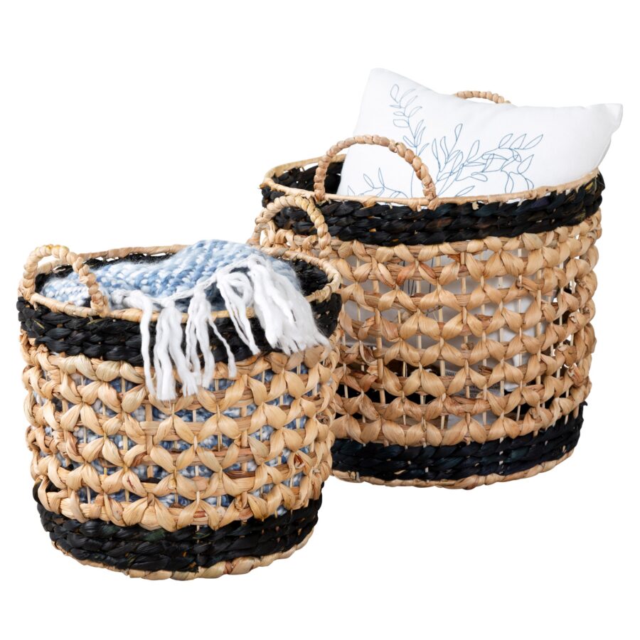 Natural/Black Round Decorative Wicker Baskets with Handles (Set of 2)